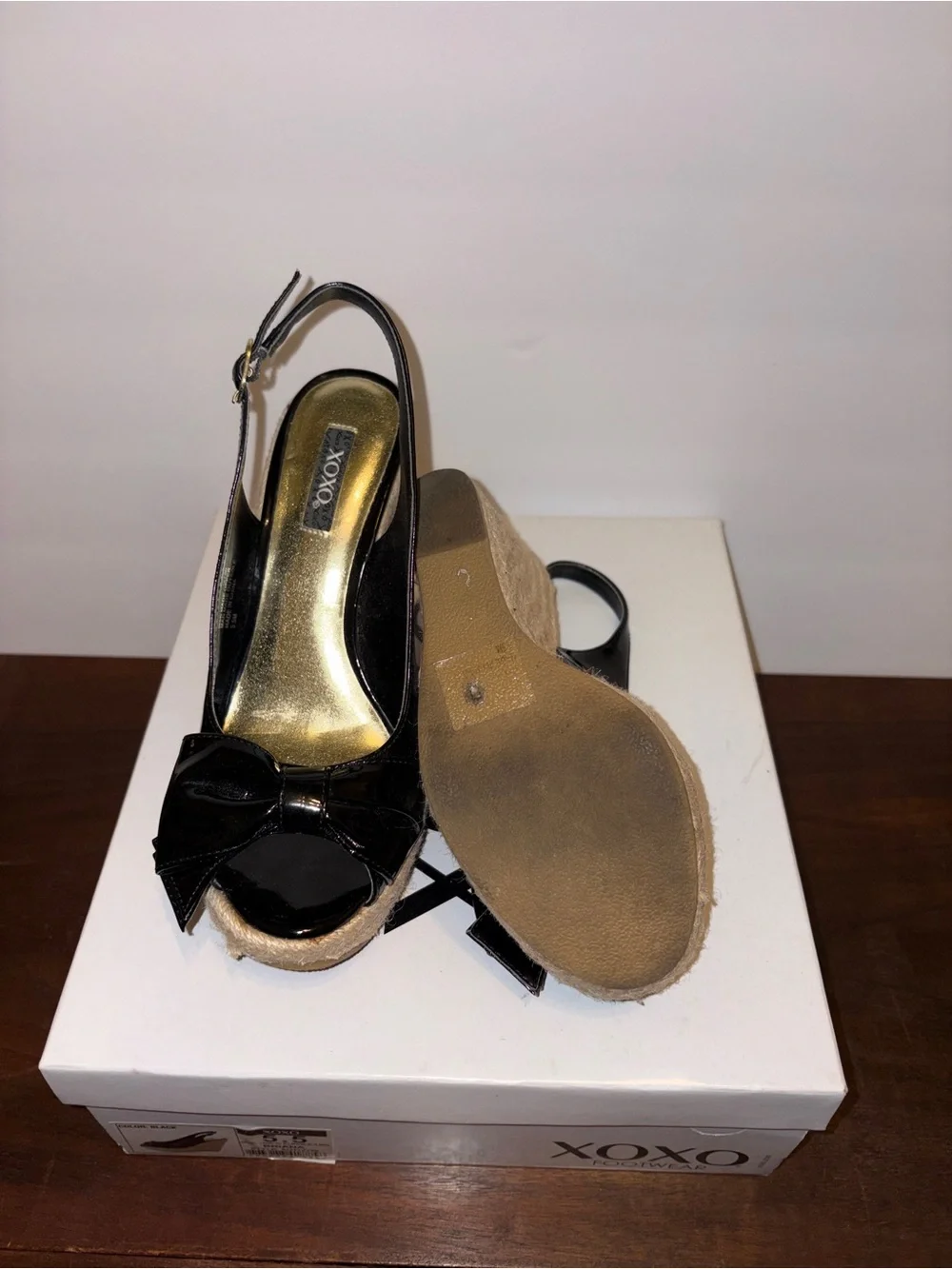 XOXO Black Patent Espadrille Wedge Slingbacks with Bow